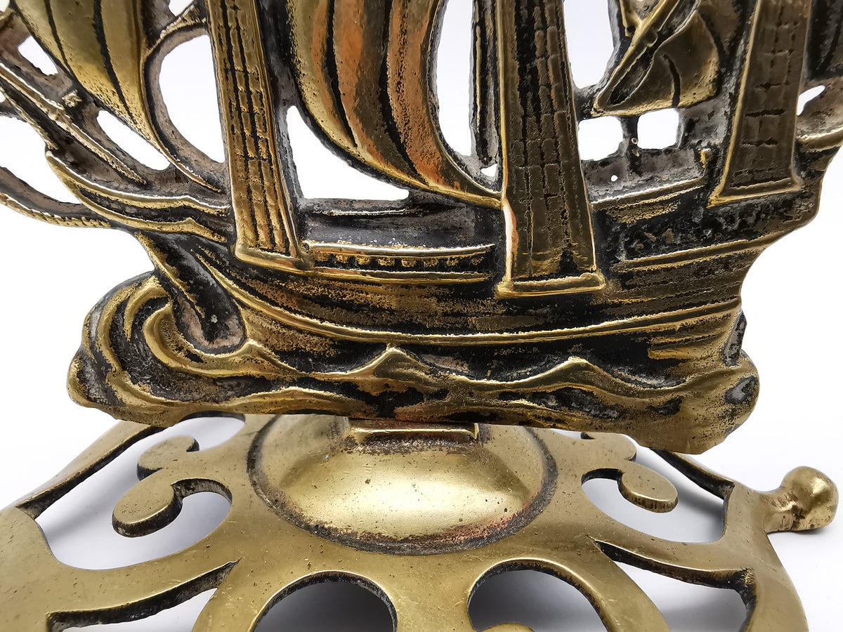 Vintage Brass Mayflower Ship Desk Ornament - Nautical Sailing Vessel on Pierced Base