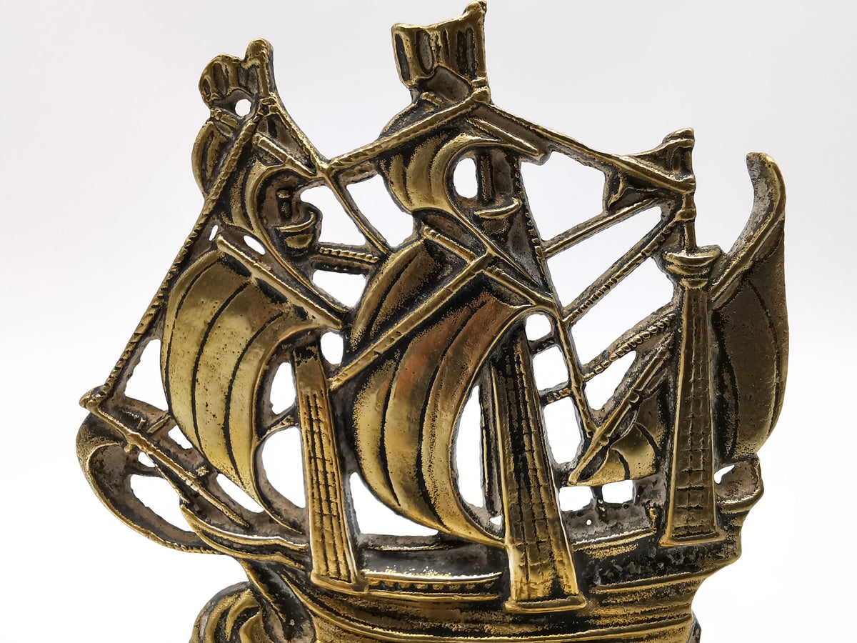 Vintage Brass Mayflower Ship Desk Ornament - Nautical Sailing Vessel on Pierced Base
