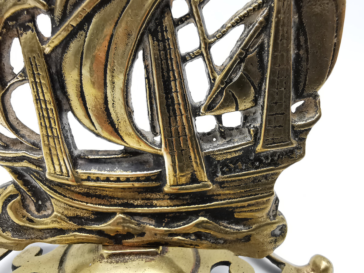 Vintage Brass Mayflower Ship Desk Ornament - Nautical Sailing Vessel on Pierced Base