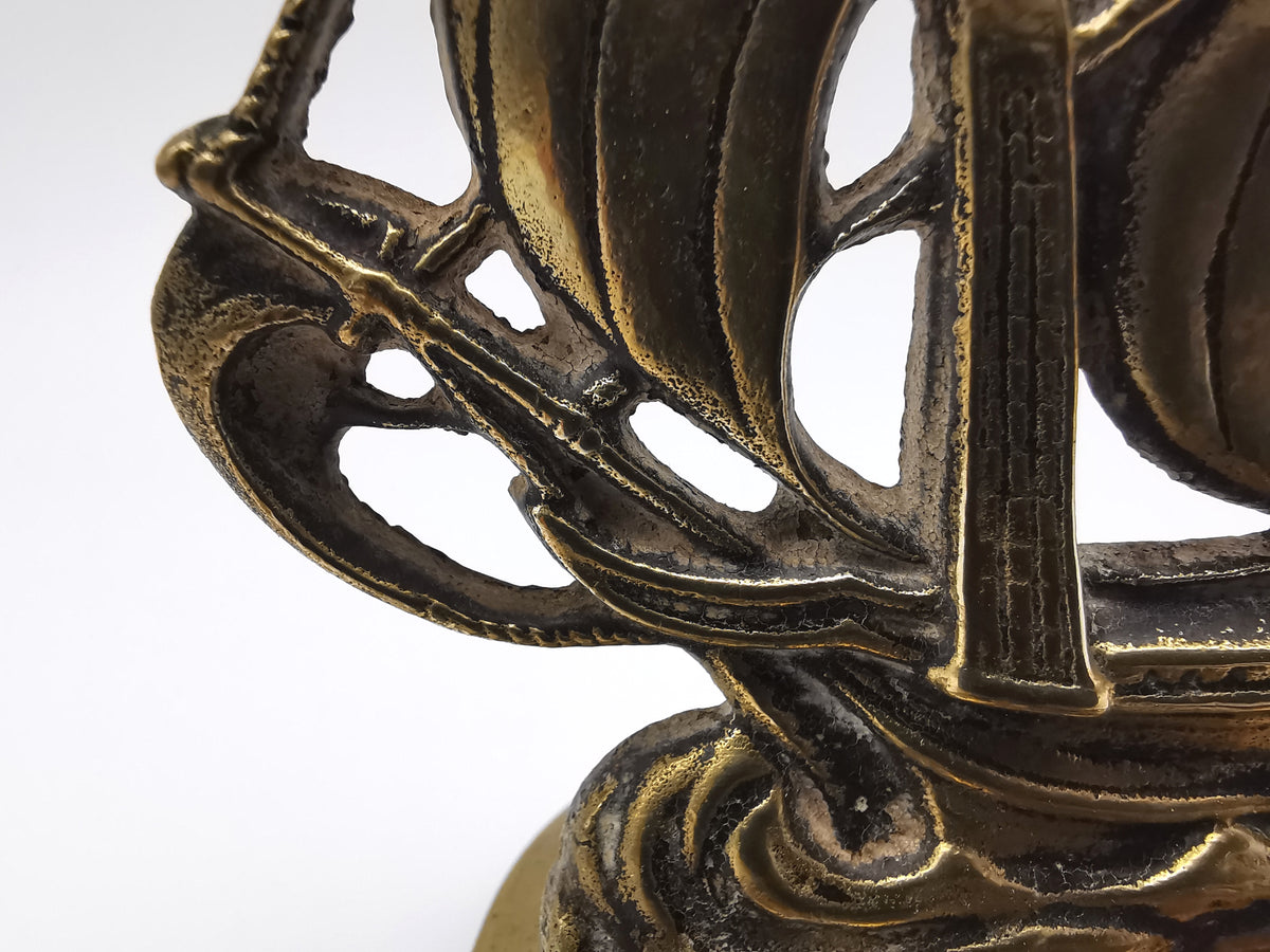 Vintage Brass Mayflower Ship Desk Ornament - Nautical Sailing Vessel on Pierced Base