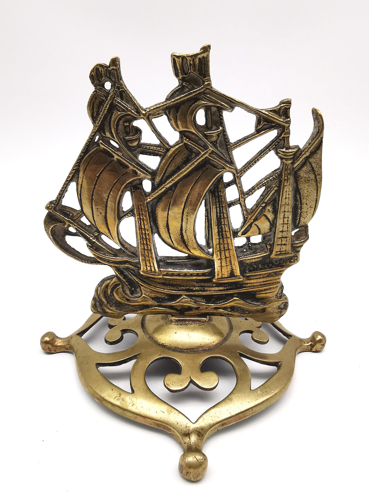 Vintage Brass Mayflower Ship Desk Ornament - Nautical Sailing Vessel on Pierced Base