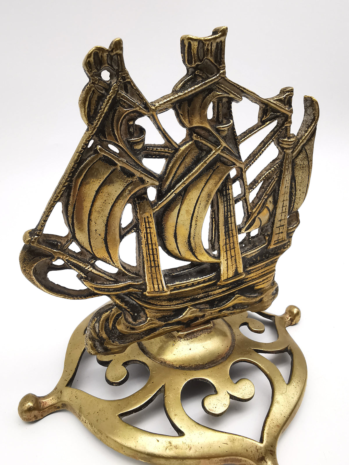 Vintage Brass Mayflower Ship Desk Ornament - Nautical Sailing Vessel on Pierced Base