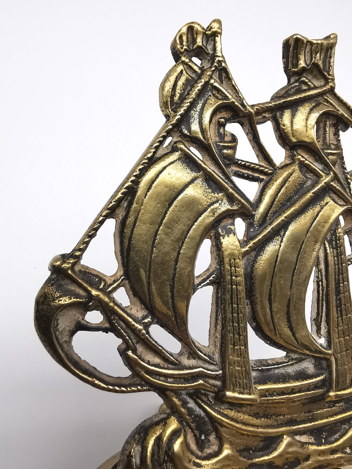 Vintage Brass Mayflower Ship Desk Ornament - Nautical Sailing Vessel on Pierced Base