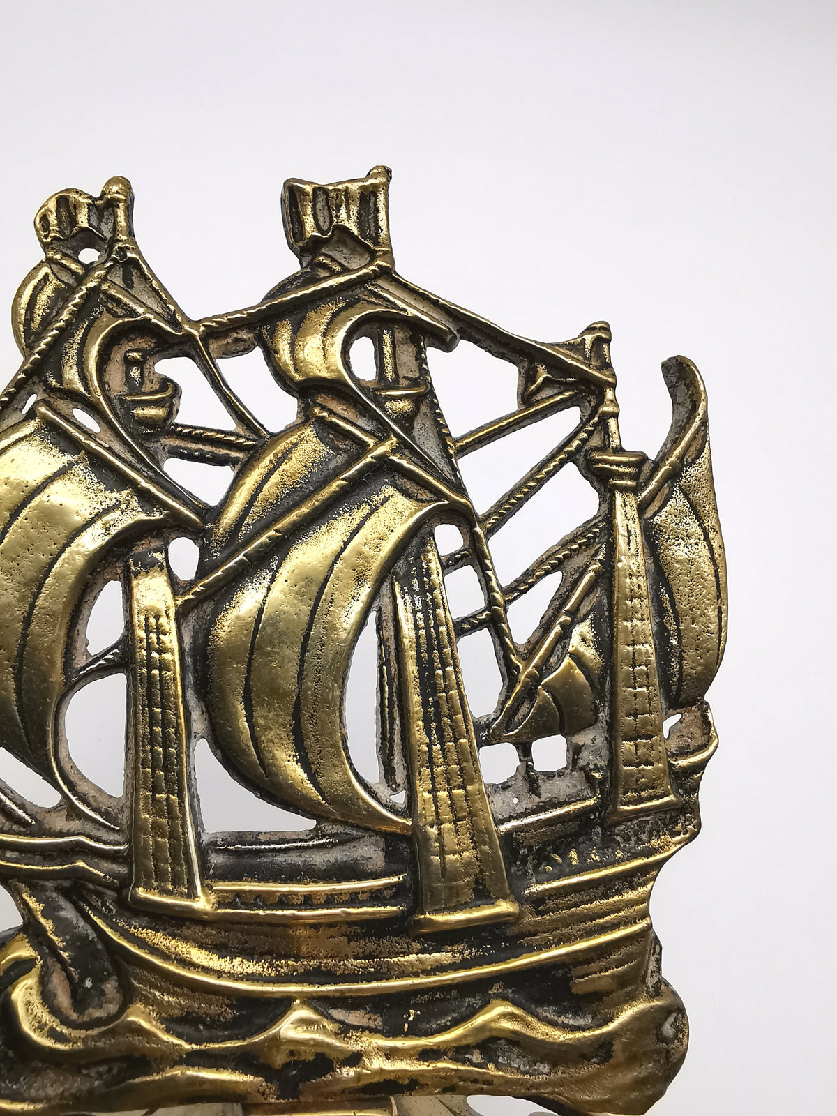 Vintage Brass Mayflower Ship Desk Ornament - Nautical Sailing Vessel on Pierced Base