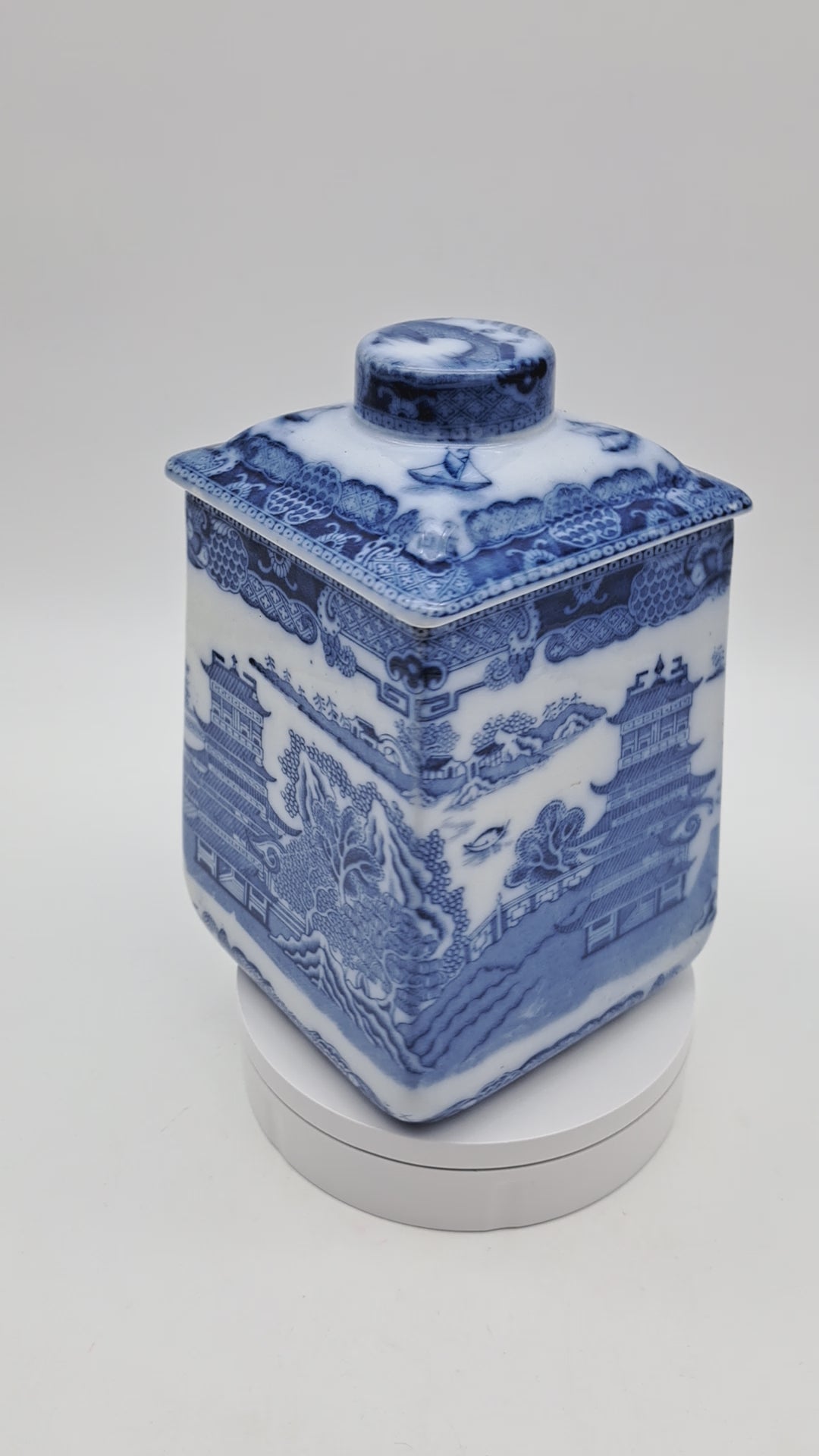 Ringtons Blue Willow Ceramic Tea Caddy / Biscuit Jar "Two Temples" Pattern
